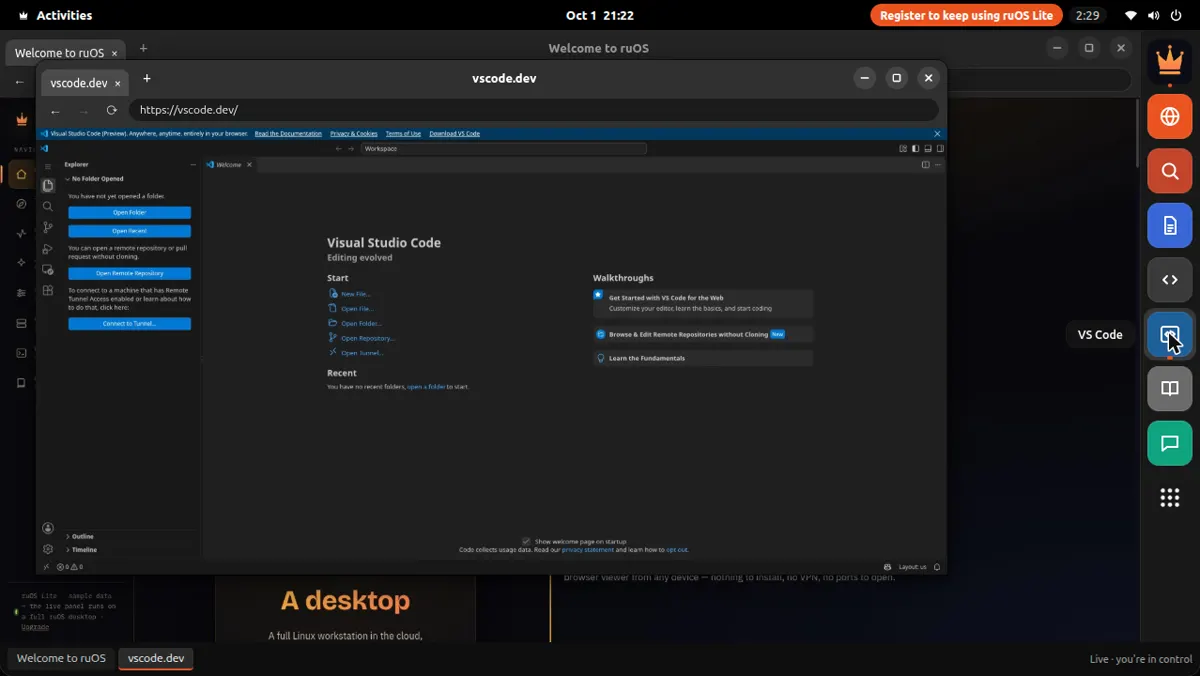 ruOS Lite: VS Code for the Web open from the dock