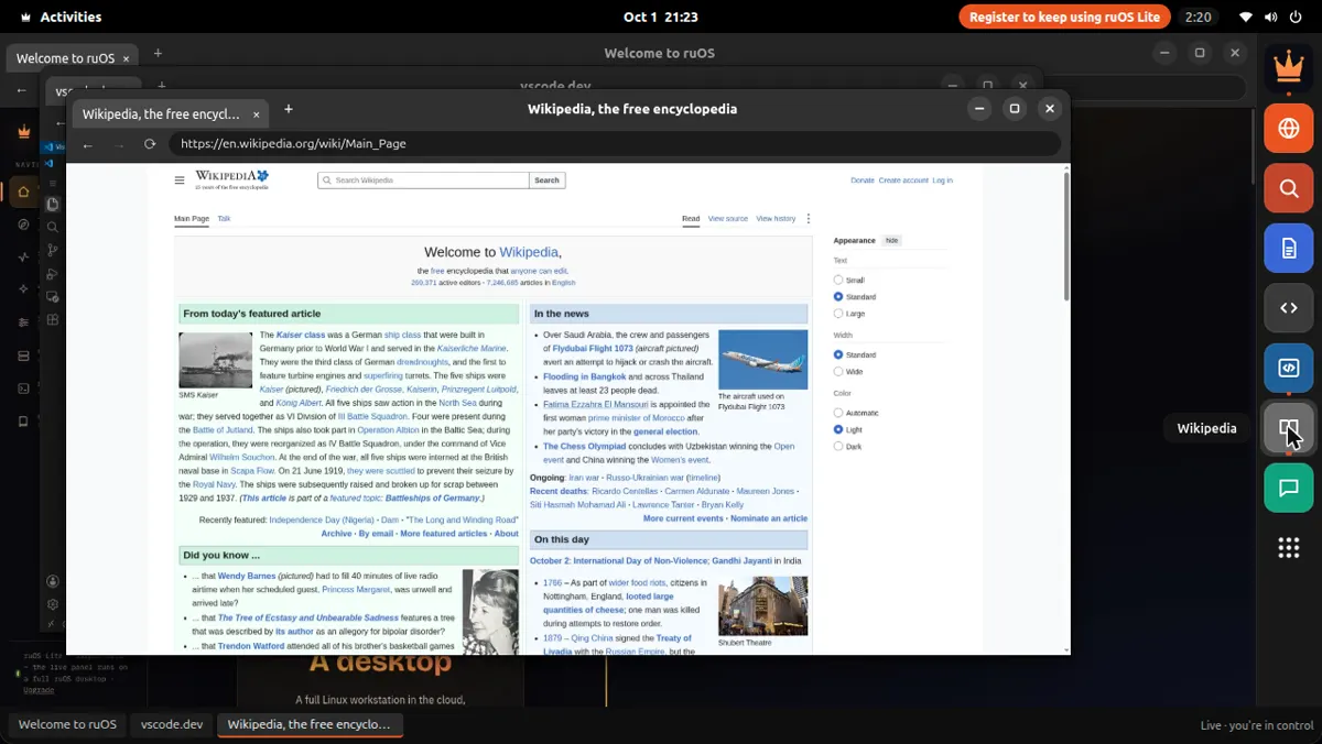 ruOS Lite: Wikipedia in a second window, over VS Code
