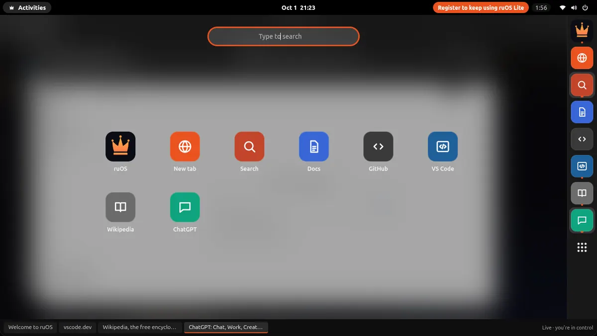 ruOS Lite: the Activities app grid with ruOS, Search, Docs, GitHub, VS Code, Wikipedia and ChatGPT