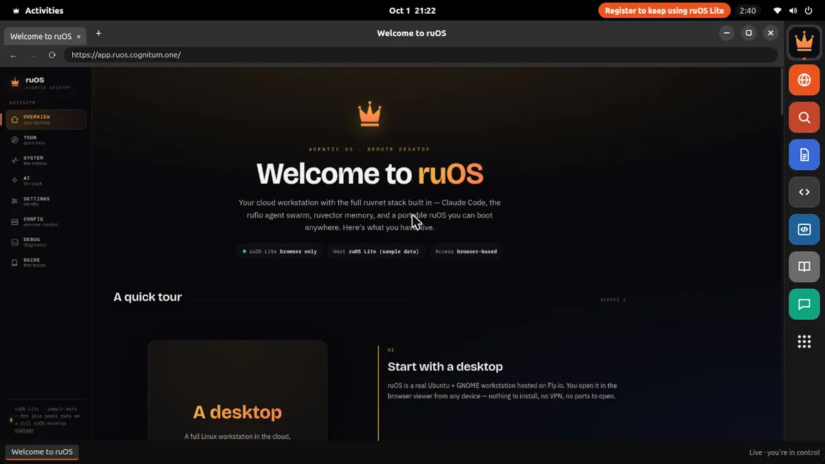 ruOS Lite: the ruOS Welcome app in a browser window on an Ubuntu-style desktop, with a dock of apps on the right